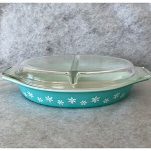 Vintage Pyrex Snowflake Blue Divided Dish‎ Casserole with Lid Turquoise